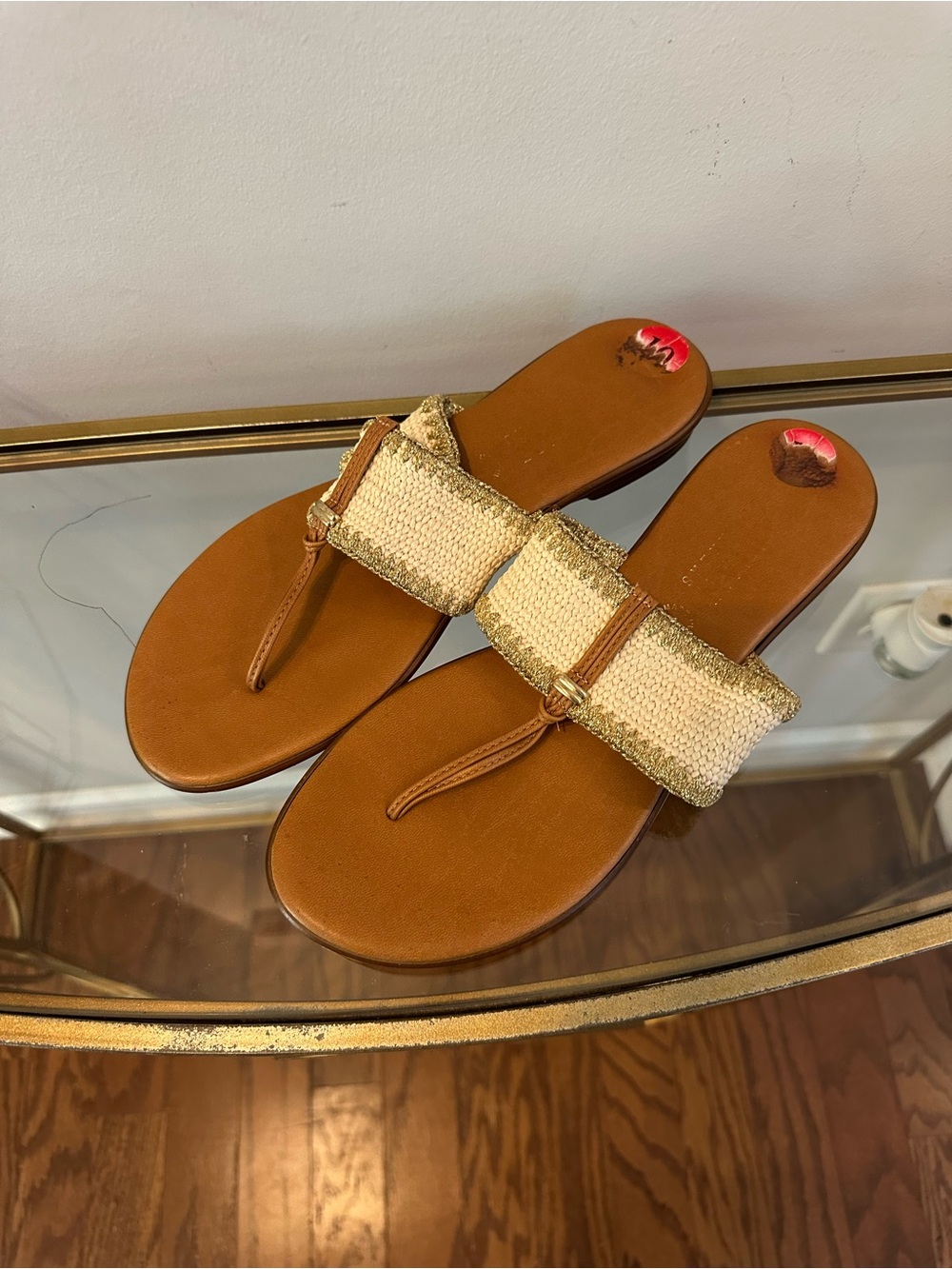 Women's Brown Leather Slide Sandals with Gold Knit Strap